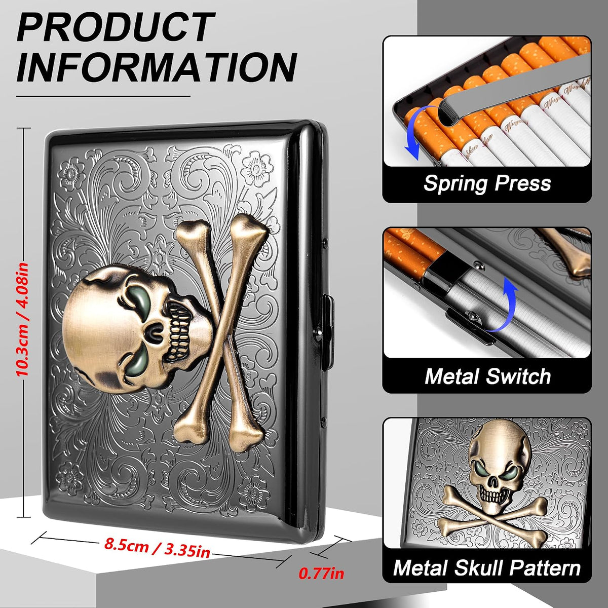 Stylish Portable Metal Cigarette Case - Holds 100mm Cigarettes. (Skull Vine Silver, 20pcs 100's) (Skull Vine Black, 20pcs 100's)