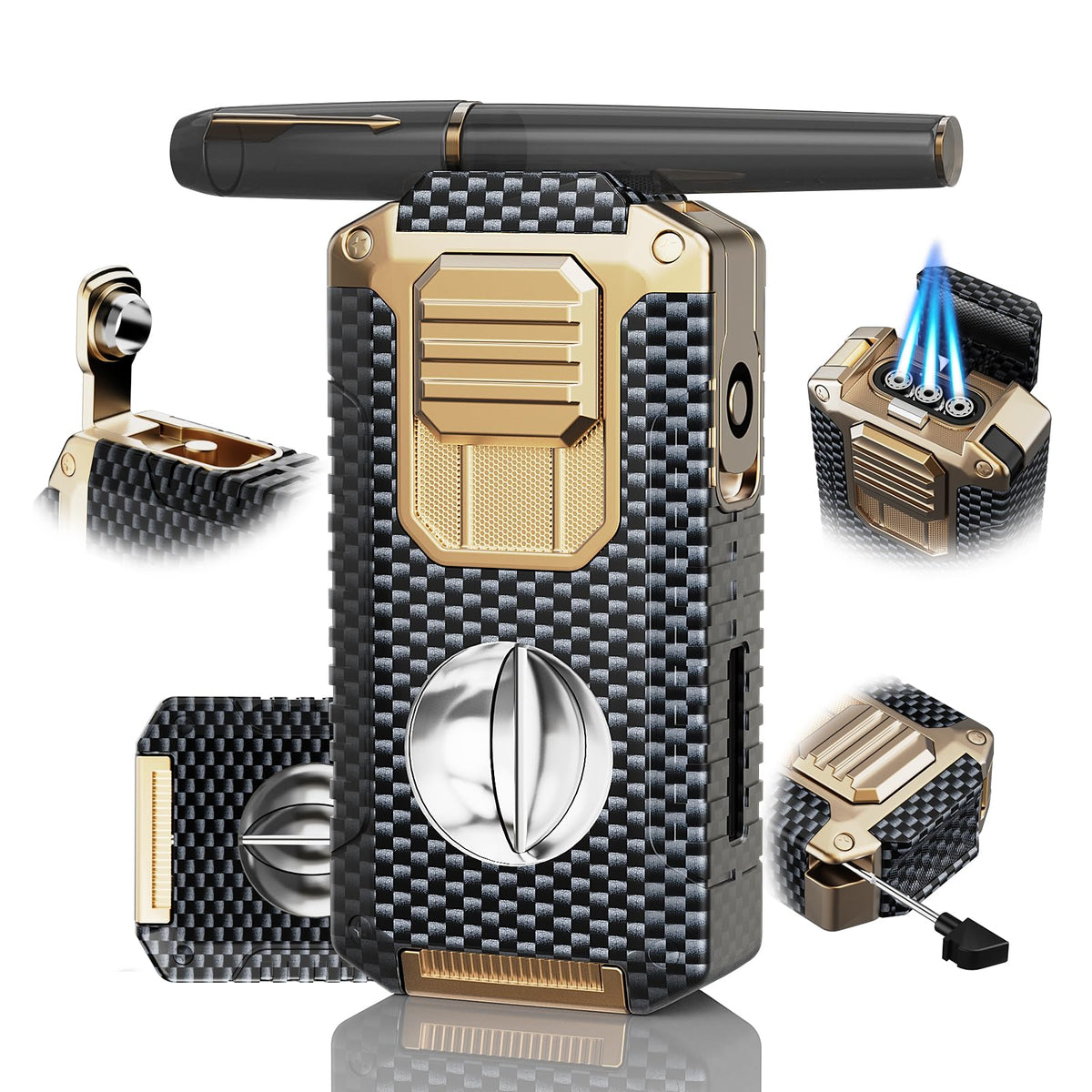 All-in-one Torch Lighter with V-Shape Shear, Punch, Needle, Holder and Triple Jet Flames, Butane Windproof Lighter for Candles, Outdoor, Versatile Accessories with Gift Box for Men (Without Butane)