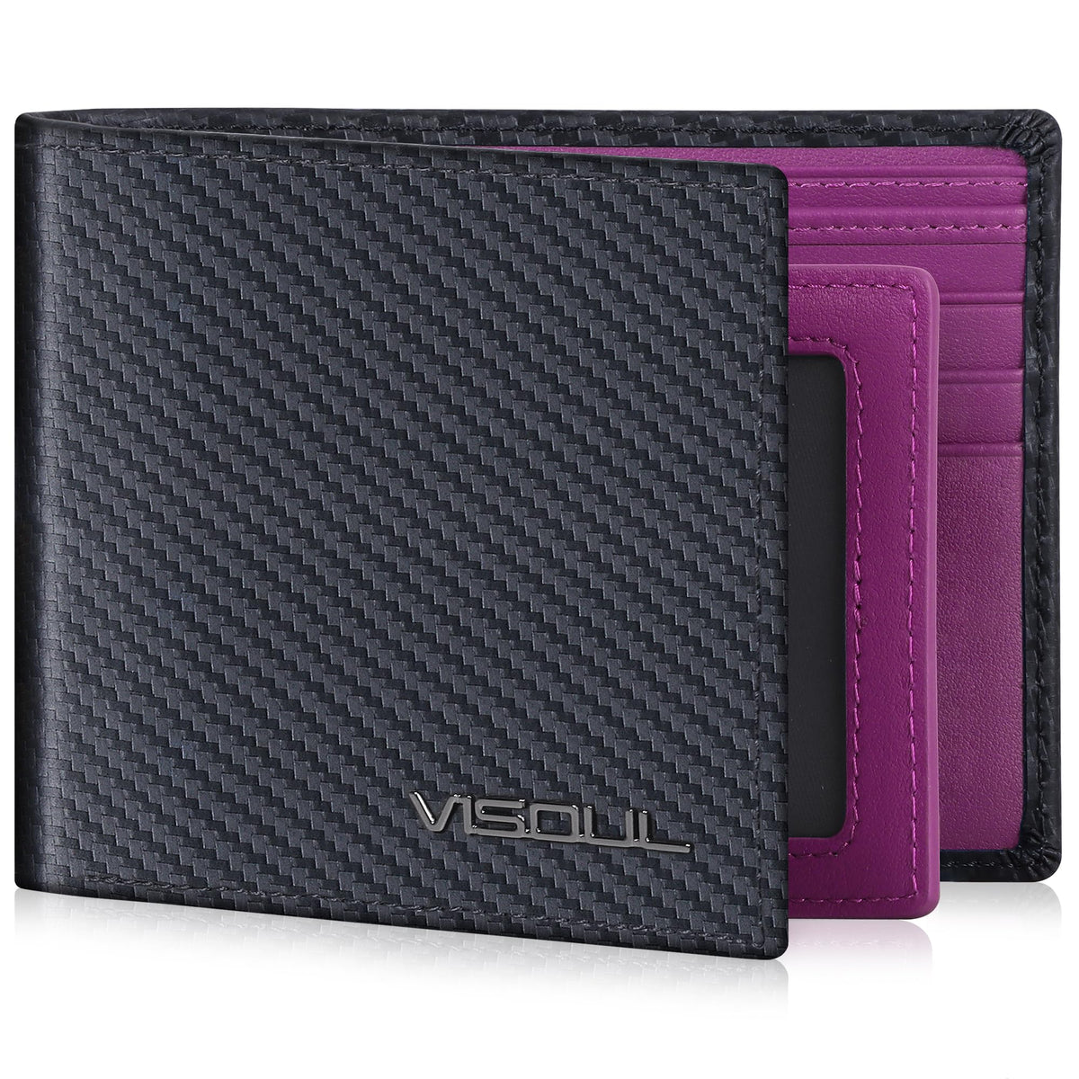 VISOUL Mens Wallet Bifold RFID Protected with 2 ID Windows 8 Credit Card Slots 2 Cash Compartments, Carbon Fiber Leather Wallet for Men Gift Box (Black+Burgundy)