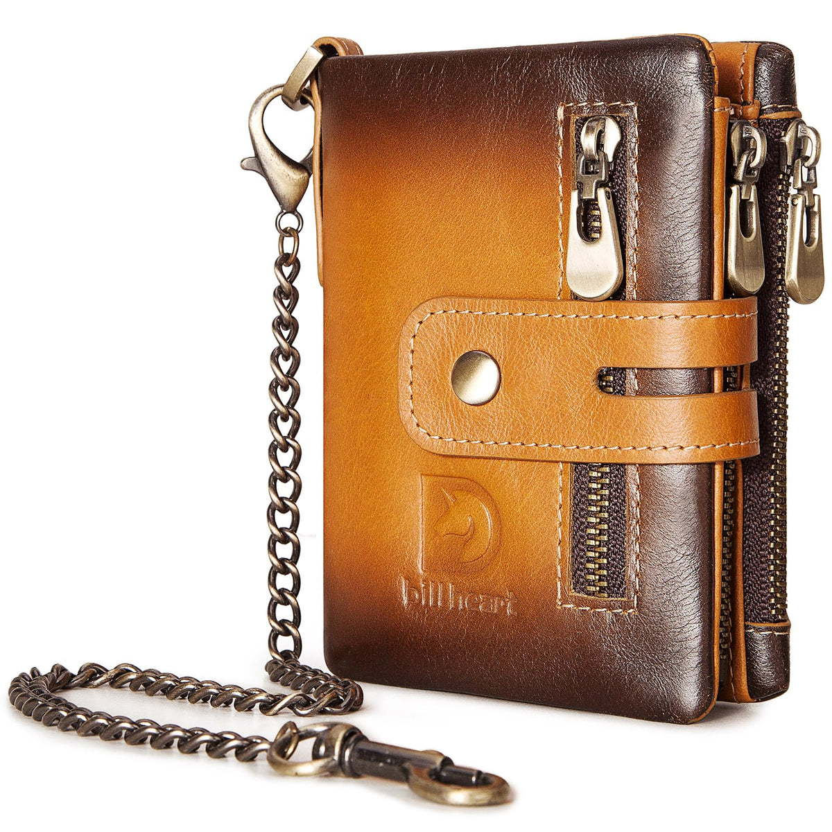Mens Wallet with Chain Genuine Leather Purse RFID Blocking Bifold Double Zipper Coin Pocket with Anti-Theft Chain