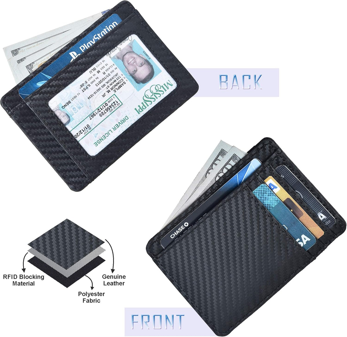 Slim Minimalist RFID Leather Wallet, Front Pocket Card Holder, Ebony