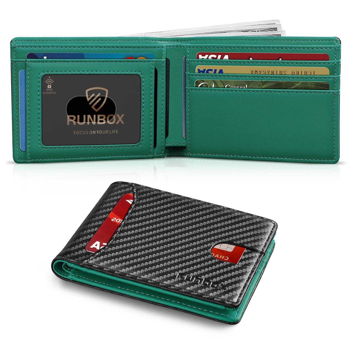 RUNBOX Wallet for Men, Slim Leather Bifold, RFID Blocking Card Holder