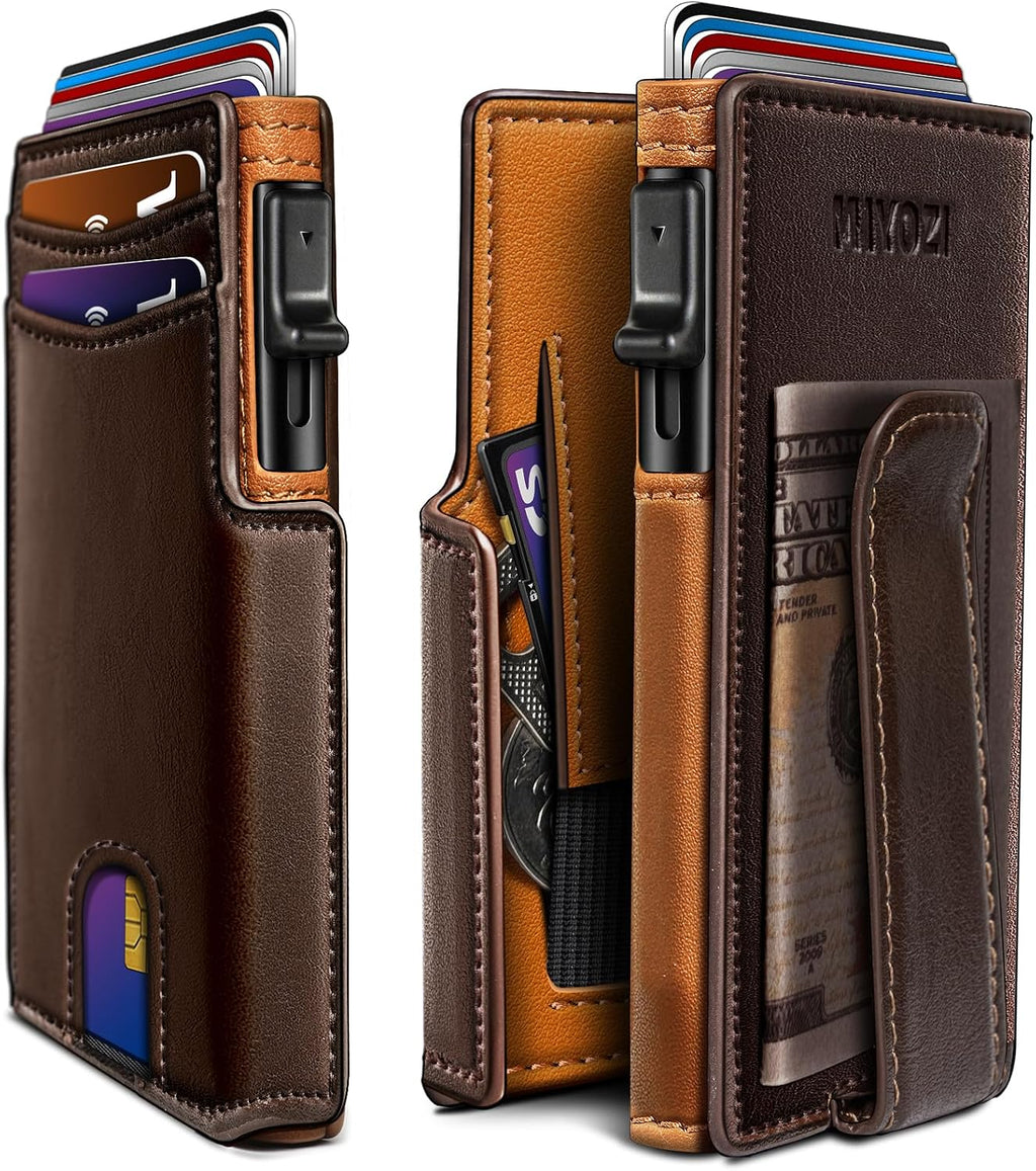 miyozi Wallet for Men, Magnetic Minimalist Slim Wallet with Pop Up Card Holder, 9 Cards RFID Blocking Metal Credit Card Case, Leather Wrapped Money Clip, ID Window & Small Item Slot, Gift Boxed