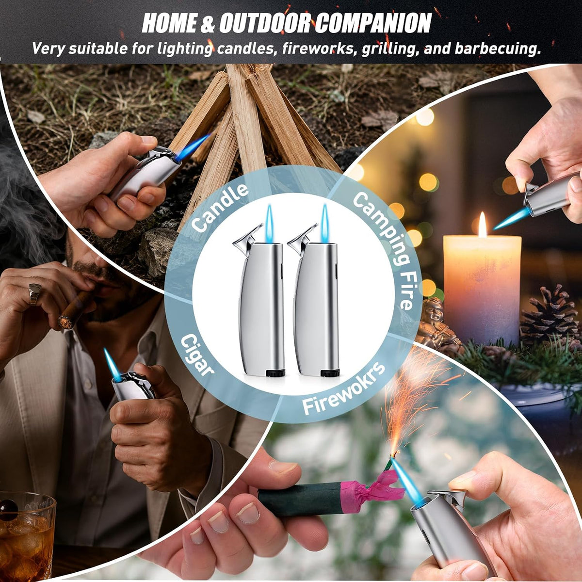 Butane Torch Lighter, Windproof Jet Flame Refillable Adjustable for Candles, BBQ, Camping, Fireworks, Fireplace & Gas Stove, Daily Use, Great Gift, 2 Pack (Satin Silver, Butane Not Included)