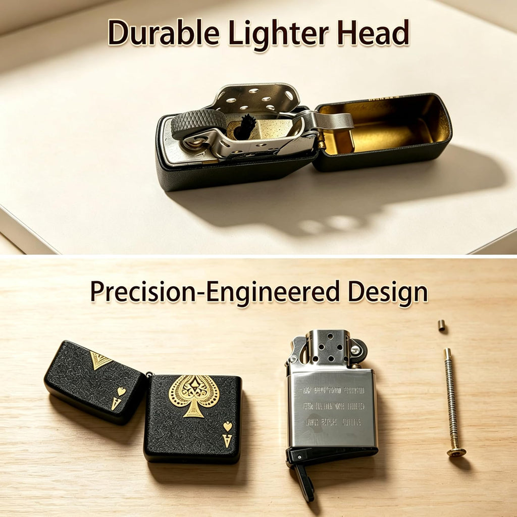 Ace of Spades Pocket Kerosene Lighter, Vintage Soft Flame Lighters with Rubber Fuel Seal, Unique Refillable Metal Windproof Lighter, Textured Frosted Brass Exterior, Birthday Gifts for Men (No Fuel)