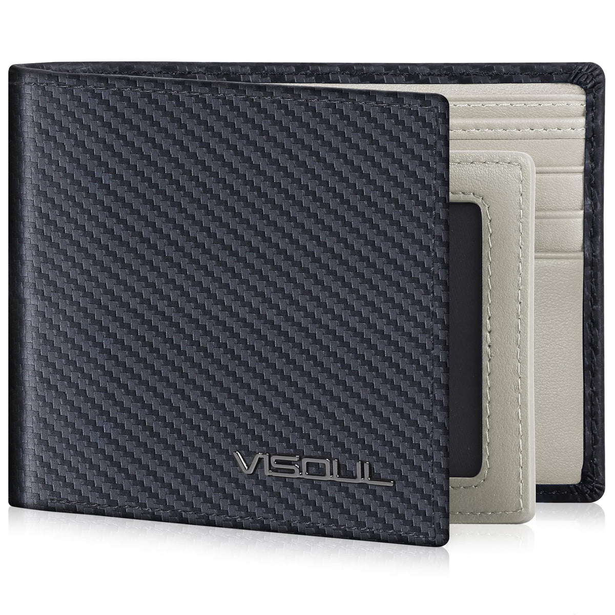 VISOUL Mens Wallet Bifold RFID Protected with 2 ID Windows 8 Credit Card Slots 2 Cash Compartments, Carbon Fiber Leather Wallet for Men Gift Box (Black+Burgundy)