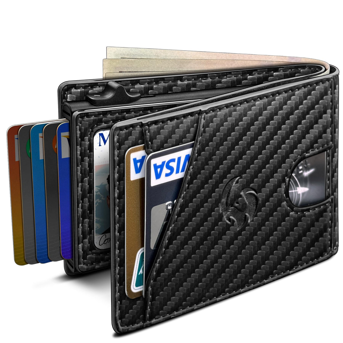 Wallet for Men, Slim Pop Up Card Holder with RFID Blocking, Minimalist Bifold Wallet with 9 Card Slots, ID Window and Cash Pocket, Metal Flip Case with Magnetic Closure, Gift Box