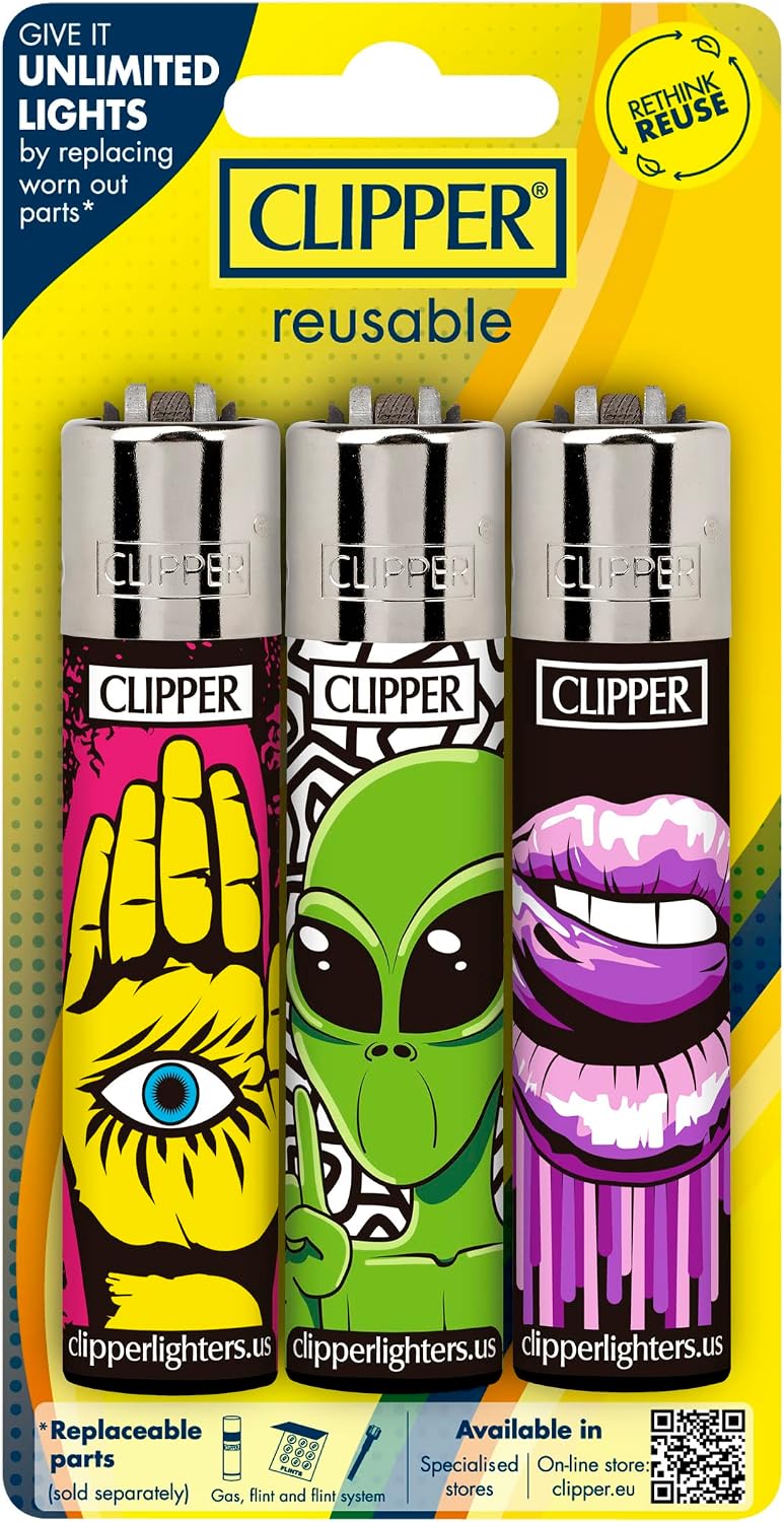 Clipper - Classic Large Reusable Lighter - Iconic Premium Refillable Lighters Bulk Pack - Replace Butane, Flint, and Spark Wheel for Unlimited Lights - 12 Pack - Assorted Designs