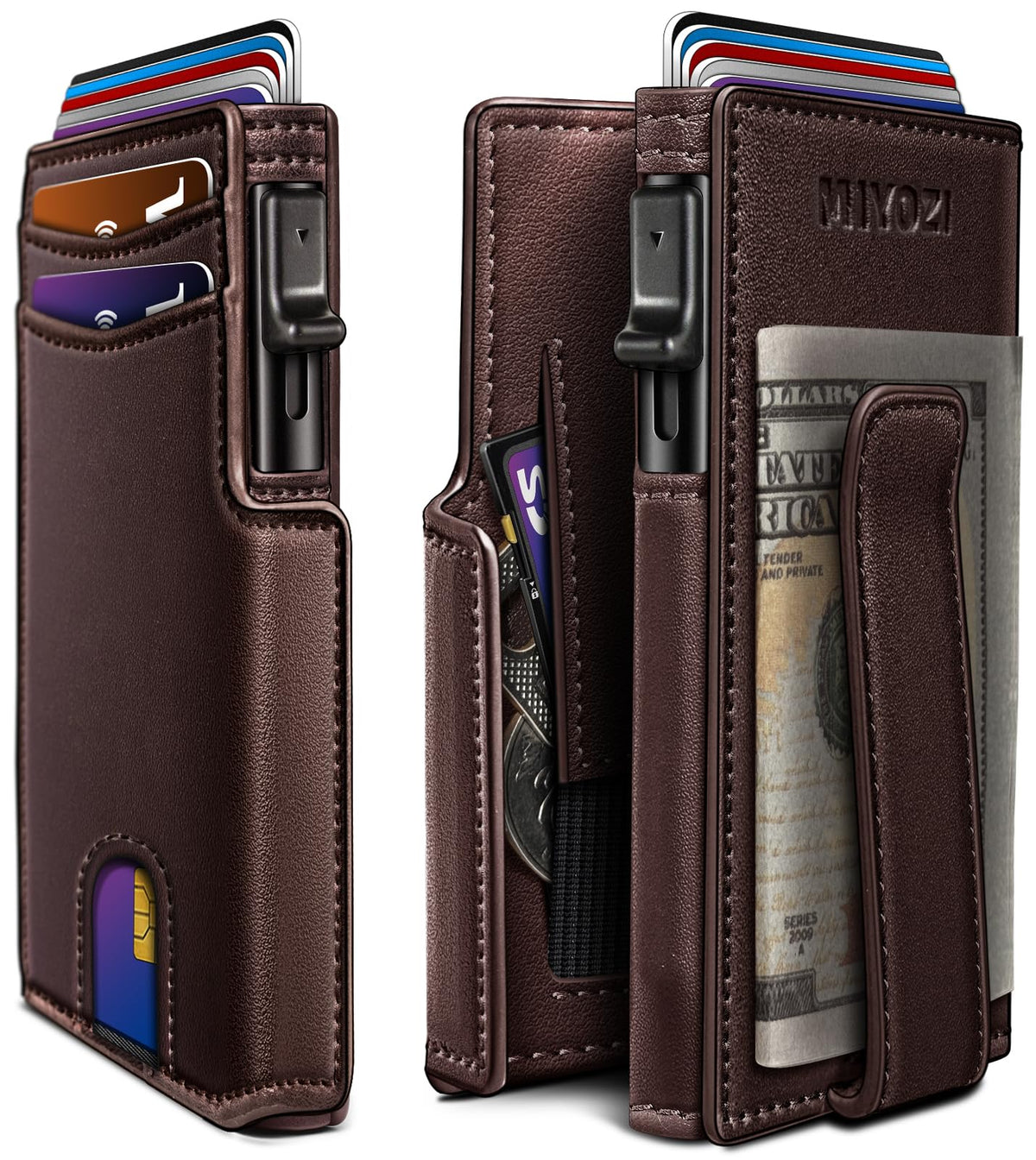 miyozi Wallet for Men, Magnetic Minimalist Slim Wallet with Pop Up Card Holder, 9 Cards RFID Blocking Metal Credit Card Case, Leather Wrapped Money Clip, ID Window & Small Item Slot, Gift Boxed