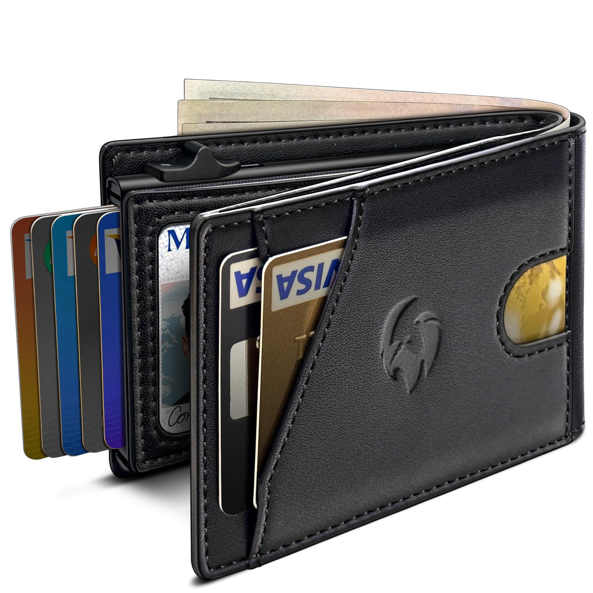 Wallet for Men, Slim Pop Up Card Holder with RFID Blocking, Minimalist Bifold Wallet with 9 Card Slots, ID Window and Cash Pocket, Metal Flip Case with Magnetic Closure, Gift Box