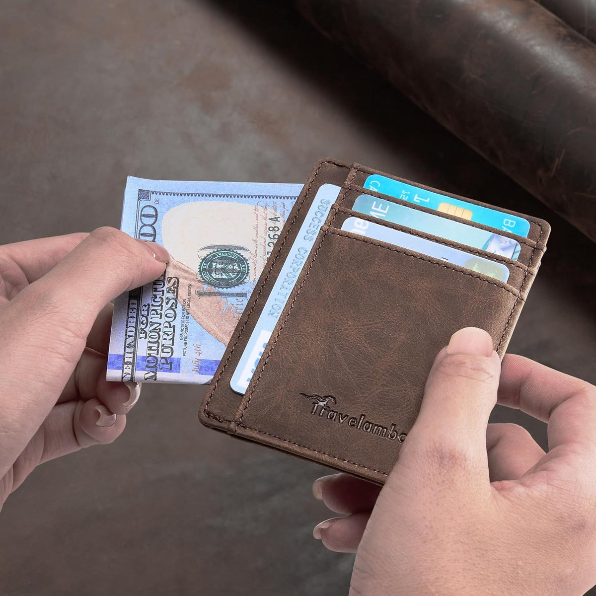 Travelambo Slim Wallet Front Pocket Minimalist Leather RFID Blocking Medium Size
