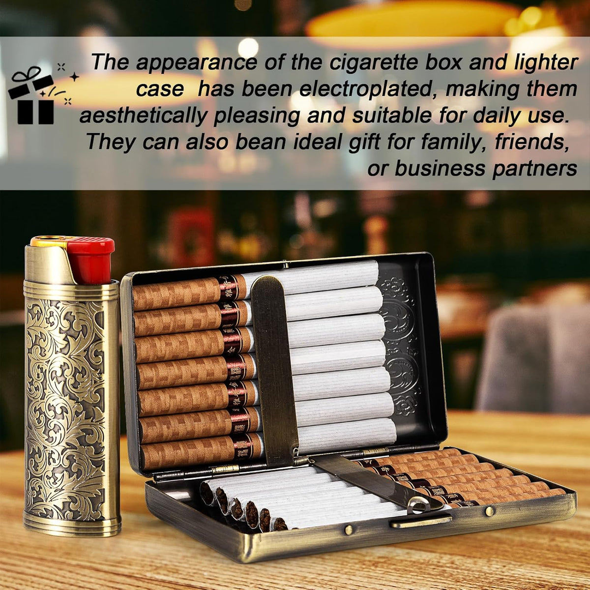 Vintage Metal Cigarette case with J6 Lighter, Holds 12pcs 100s Cigarettes, Can Also Be Used for RFID Credit Card and Cash Organizer (Bronze, 12pcs 100's)