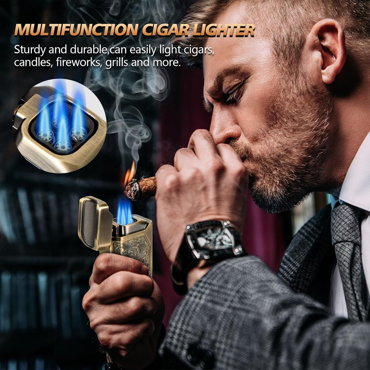 Cigar Lighter, 4 Jet Flame Torch Lighter, Refillable Butane Lighter with Cigar Cutter V Cut Cigar Punch Cigar Holder Cigar Draw Enhancer, Great Cigar Accessories Cool Lighters for Smoking in Gift Box
