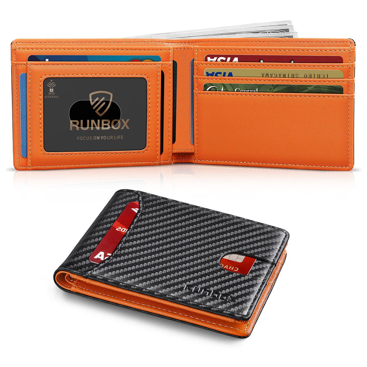 RUNBOX Wallet for Men, Slim Leather Bifold, RFID Blocking Card Holder