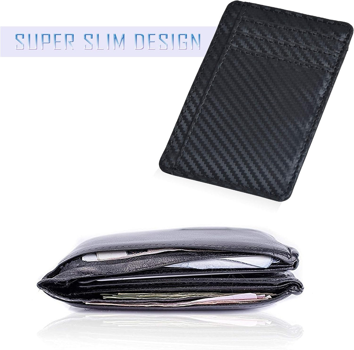 Slim Minimalist RFID Leather Wallet, Front Pocket Card Holder, Ebony