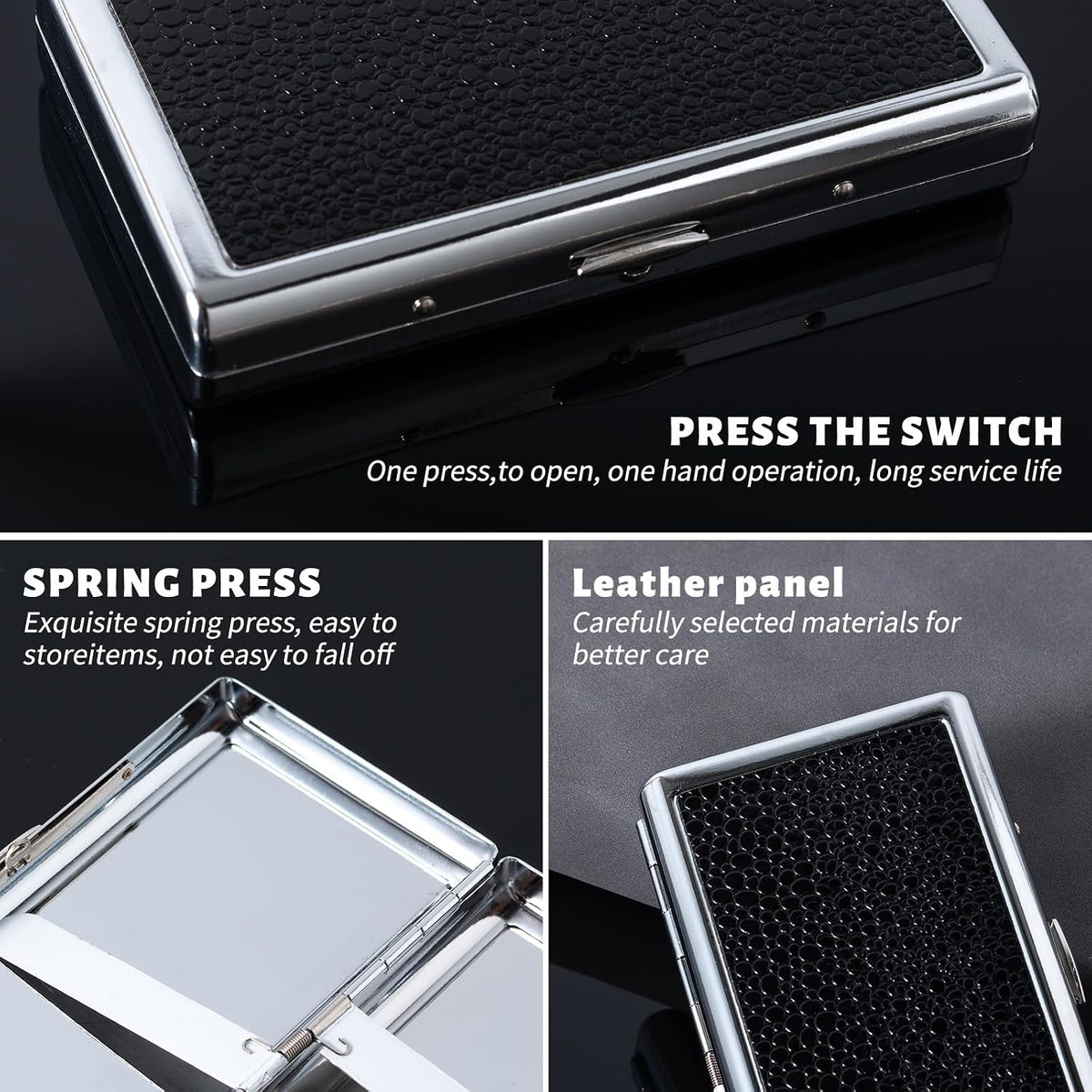 Metal Case, Silver Plated Metal,14 Capacity，Black Leather on Front and Back(100mm King Size,Black)