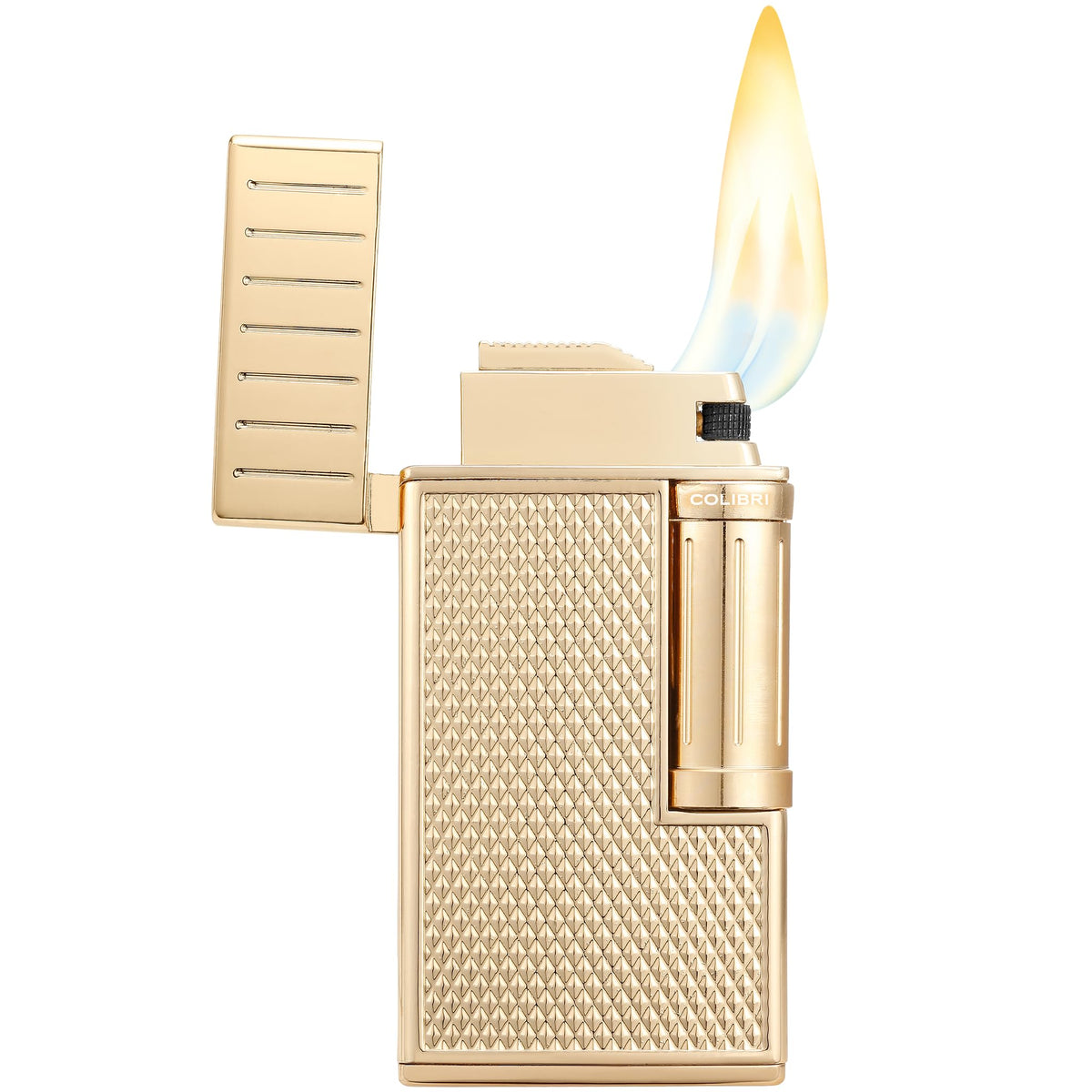 Colibri Julius Double Flame Butane Flint Cigar Lighter with Diamond-Pattern Case, Windproof & Refillable, Cigar Enthusiast's Choice with Blue Fuel Window and Adjustable Flame (Black, Rose Gold)