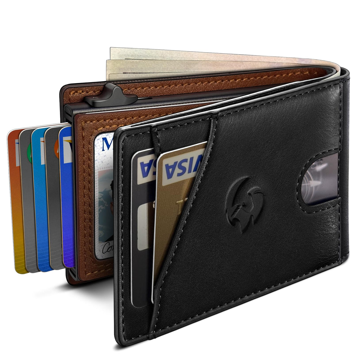 Wallet for Men, Slim Pop Up Card Holder with RFID Blocking, Minimalist Bifold Wallet with 9 Card Slots, ID Window and Cash Pocket, Metal Flip Case with Magnetic Closure, Gift Box