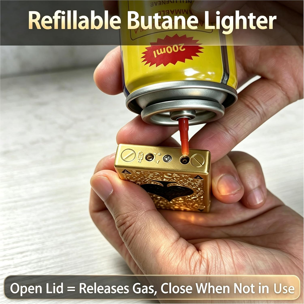 Ace of Spades Pocket Butane Lighter, Unique Soft Flame Refillable Lighter, Side-Wheel Frosted Flip-Top Metal Lighters, Angled Flame, Birthday for Men (Gold, No Fuel)
