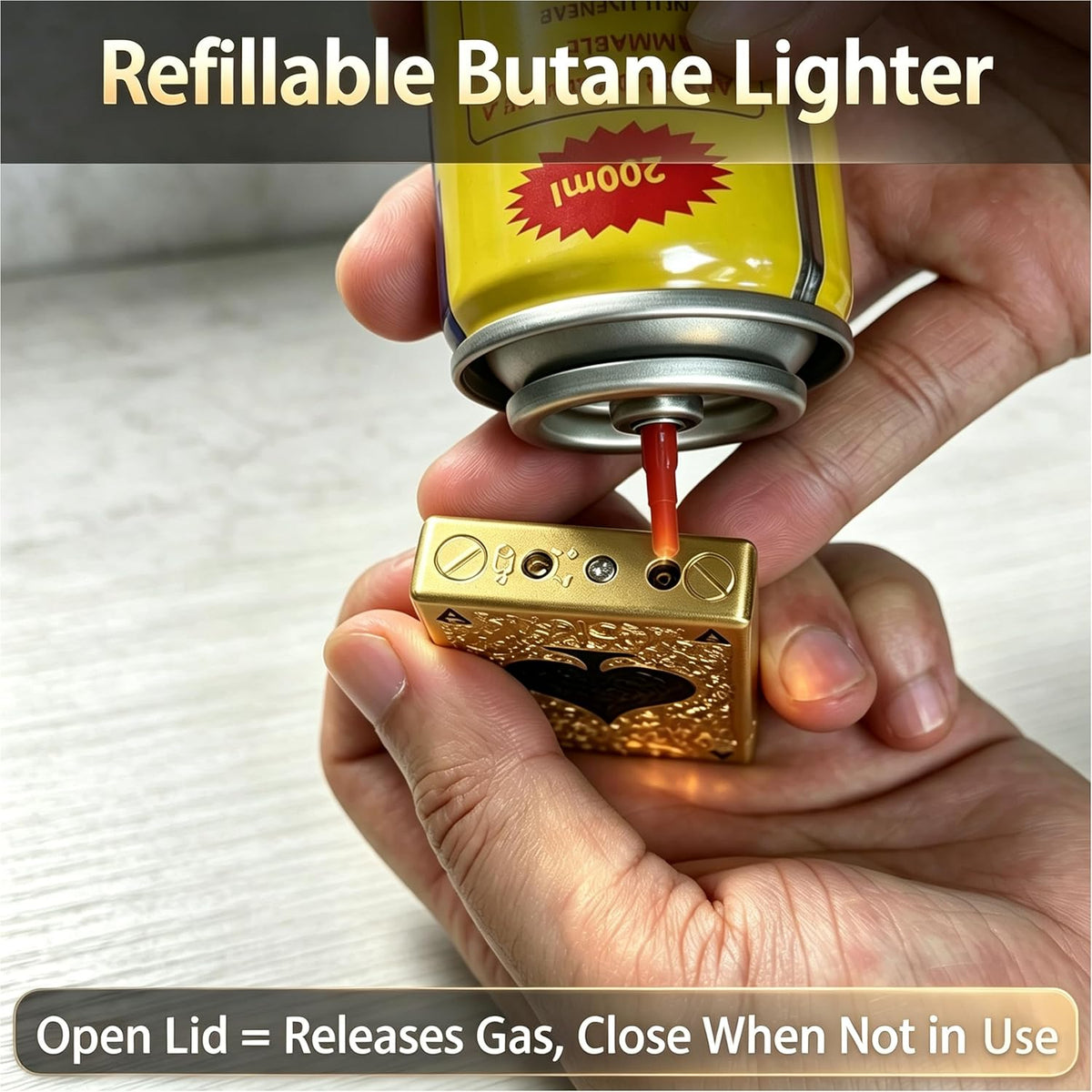 Ace of Spades Pocket Butane Lighter, Unique Soft Flame Refillable Lighter, Side-Wheel Frosted Flip-Top Metal Lighters, Angled Flame, Birthday for Men (Gold, No Fuel)