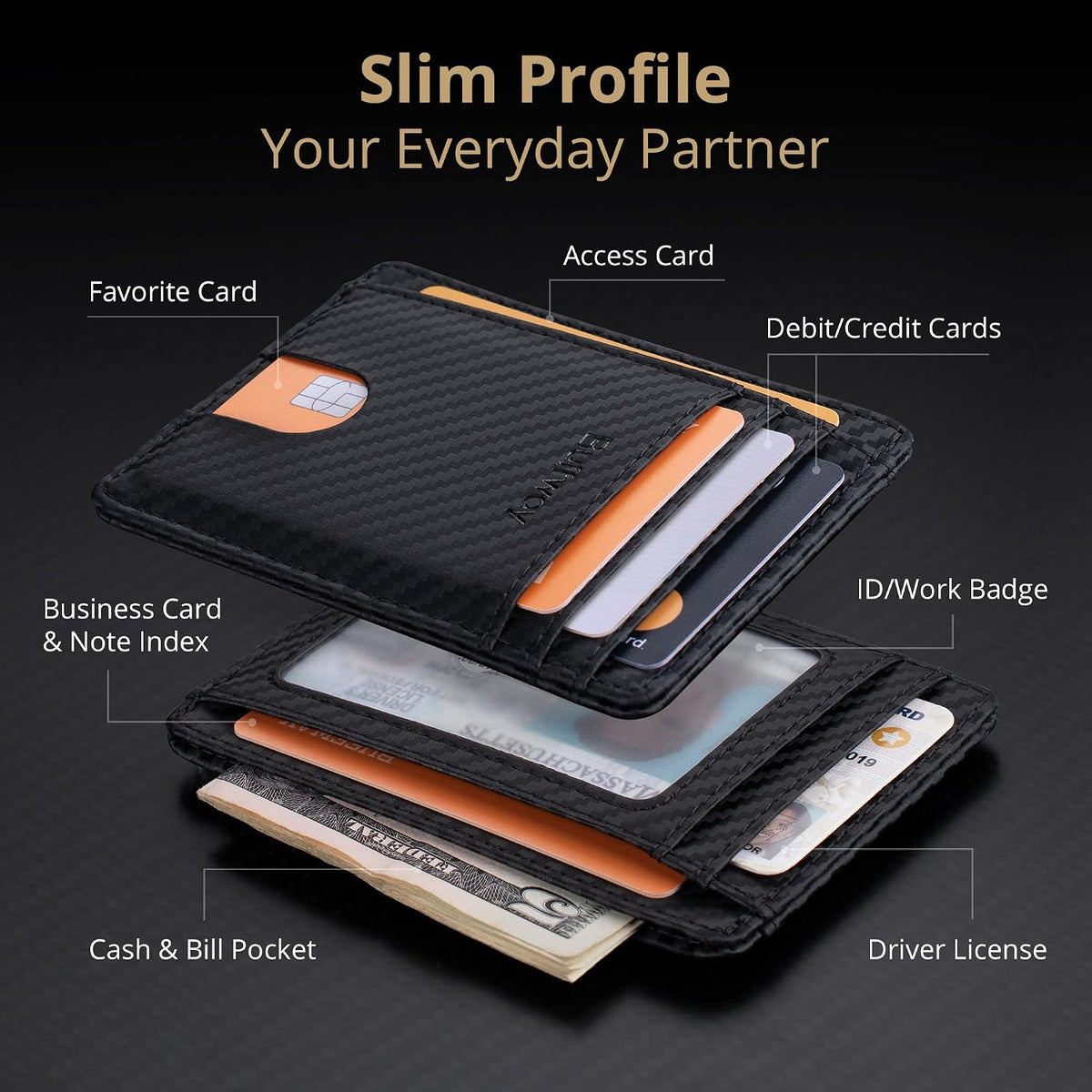 Buffway Slim Minimalist Front Pocket RFID Blocking Leather Wallets for Men and Women - Carbon Fiber Black
