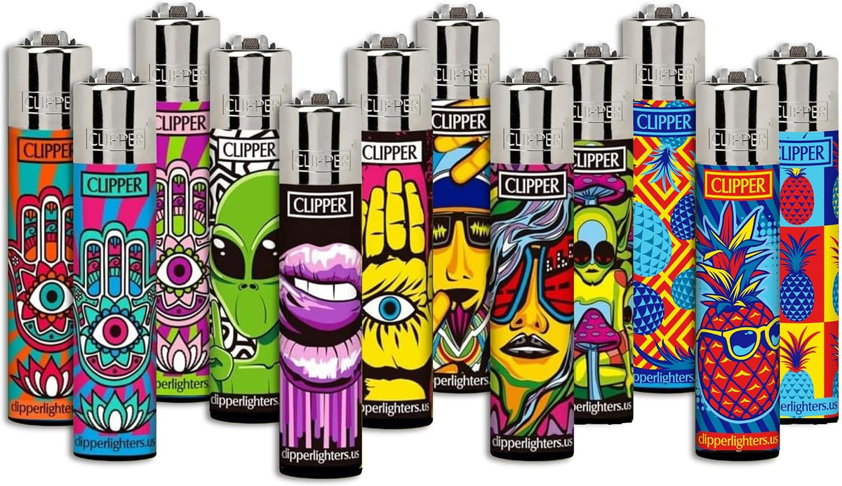 Clipper - Classic Large Reusable Lighter - Iconic Premium Refillable Lighters Bulk Pack - Replace Butane, Flint, and Spark Wheel for Unlimited Lights - 12 Pack - Assorted Designs