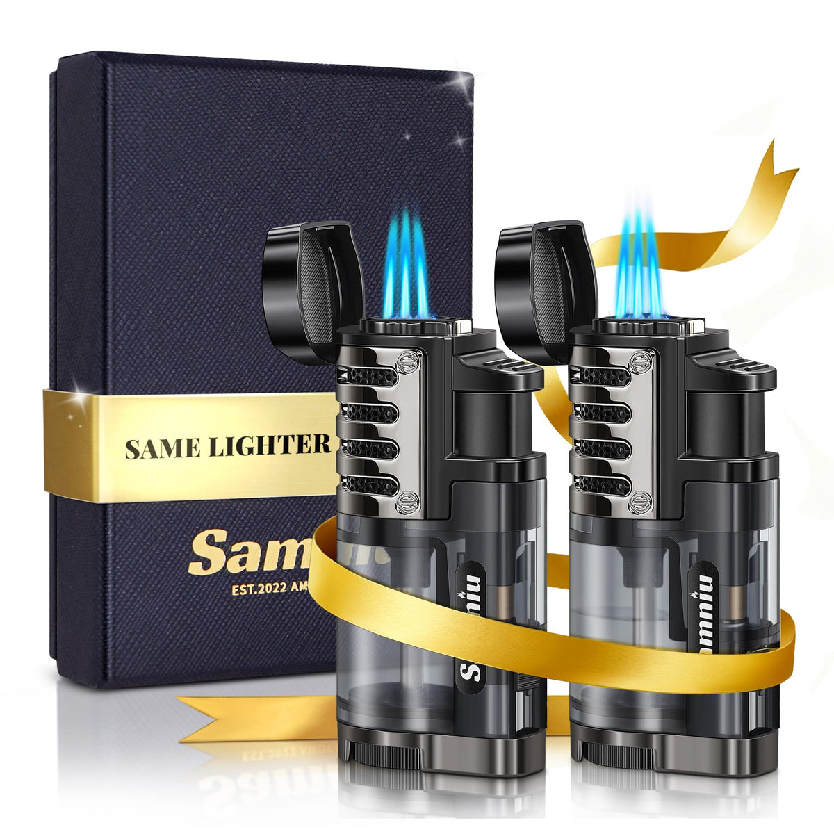 SAMNIU Pack of 2 Torch Lighter, Triple Jet Flames, Visible Gas Tank, Windproof Butane Refill Pocket Lighters for Candle, Men’s Gift (Gas not Included)