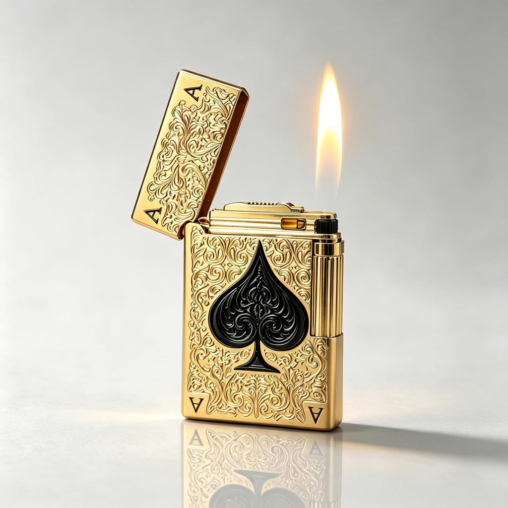 Ace of Spades Pocket Butane Lighter, Unique Soft Flame Refillable Lighter, Side-Wheel Frosted Flip-Top Metal Lighters, Angled Flame, Birthday for Men (Gold, No Fuel)