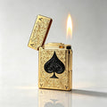 Ace of Spades Pocket Butane Lighter, Unique Soft Flame Refillable Lighter, Side-Wheel Frosted Flip-Top Metal Lighters, Angled Flame, Birthday for Men (Gold, No Fuel)