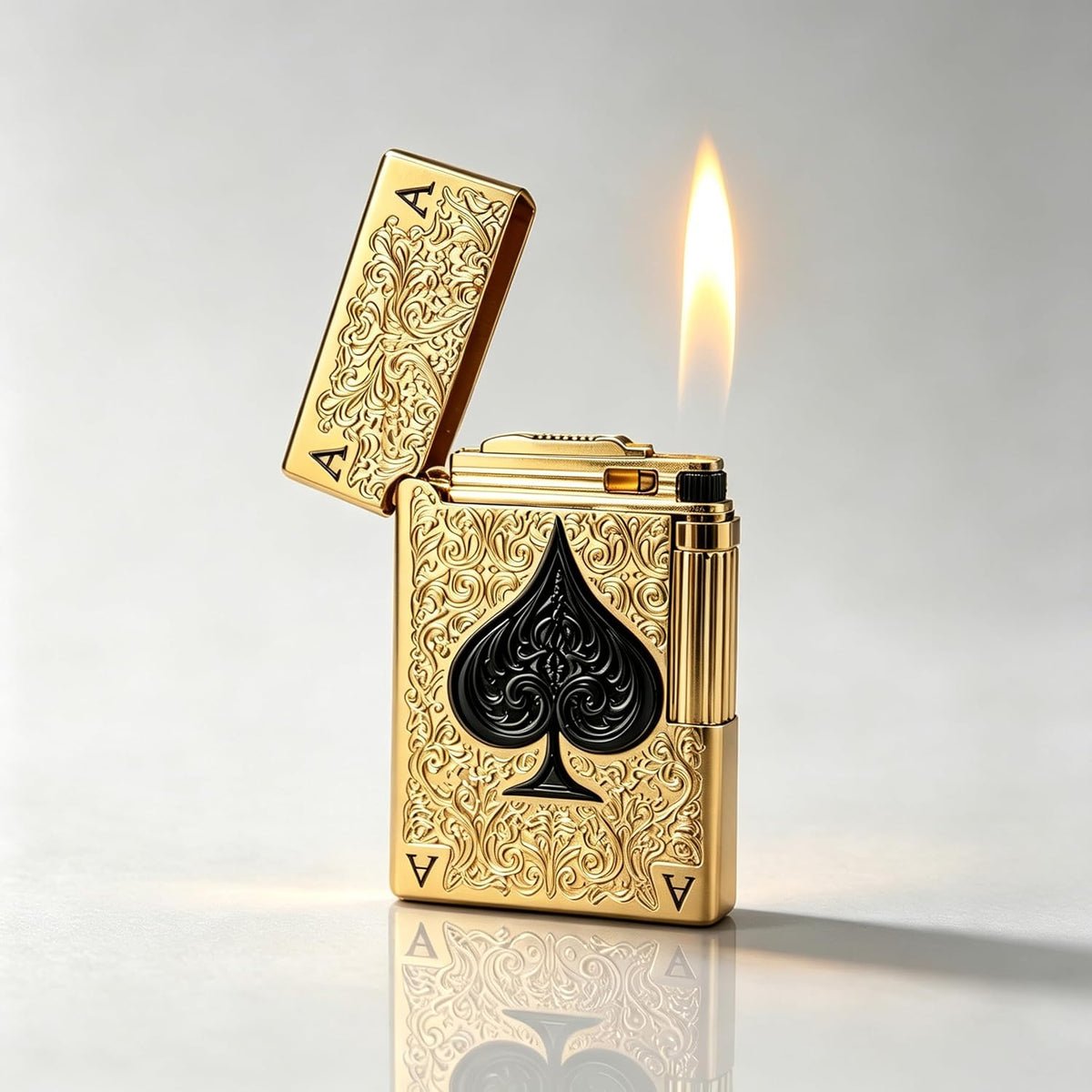 Ace of Spades Pocket Butane Lighter, Unique Soft Flame Refillable Lighter, Side-Wheel Frosted Flip-Top Metal Lighters, Angled Flame, Birthday for Men (Gold, No Fuel)