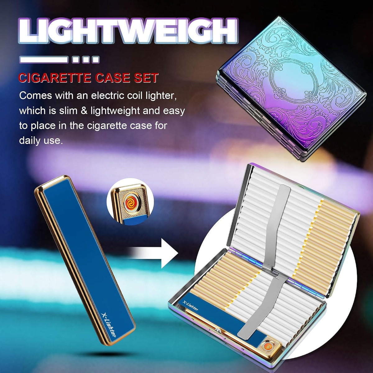 X-LIGHTER XL016 Vintage Cigarette Case with Lighter for 100's King Size, Retro Flower Metal 100mm Cigarette Holder Case for Men Women Thanksgiving Christmas Day Gift