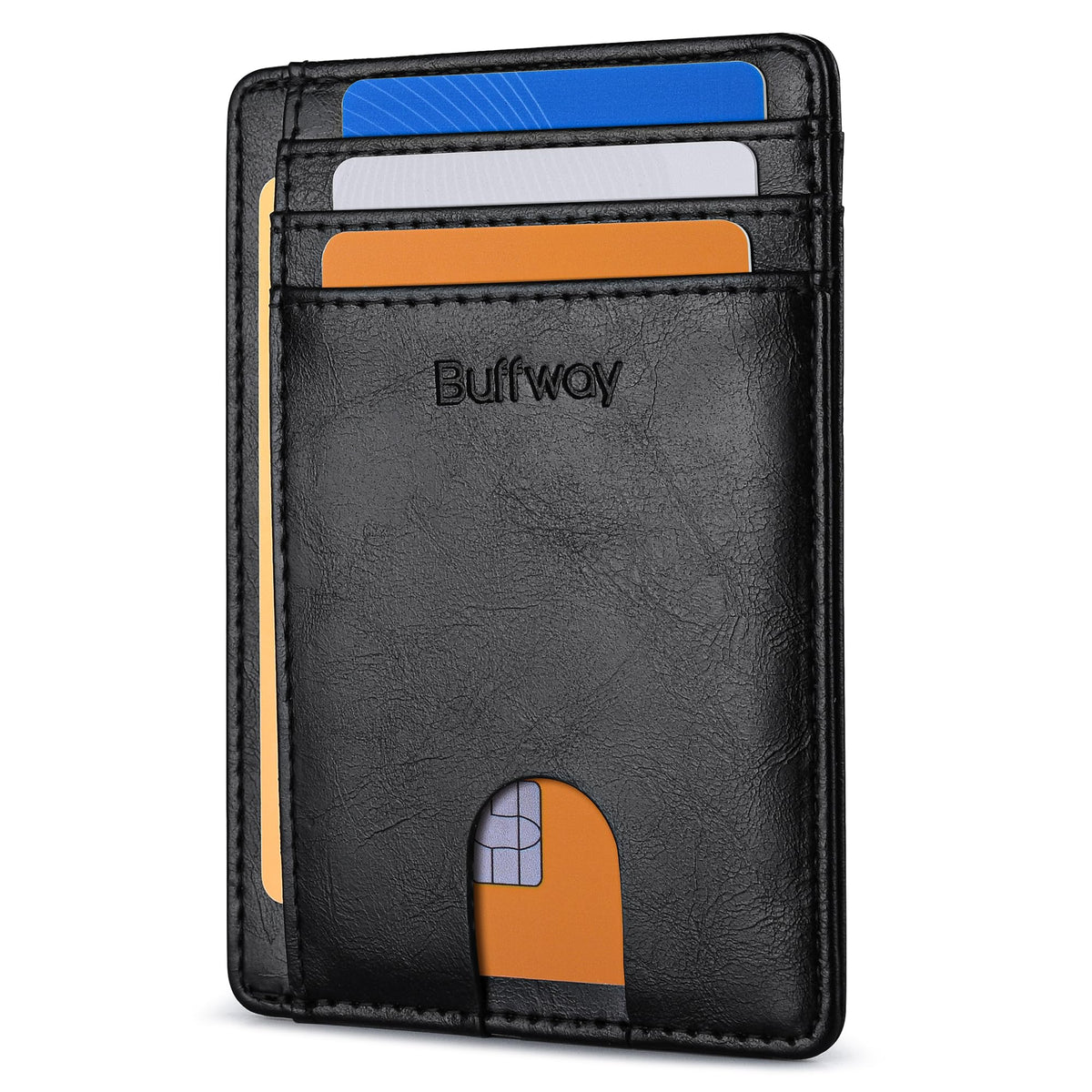 Buffway Slim Minimalist Front Pocket RFID Blocking Leather Wallets for Men and Women - Cross Black