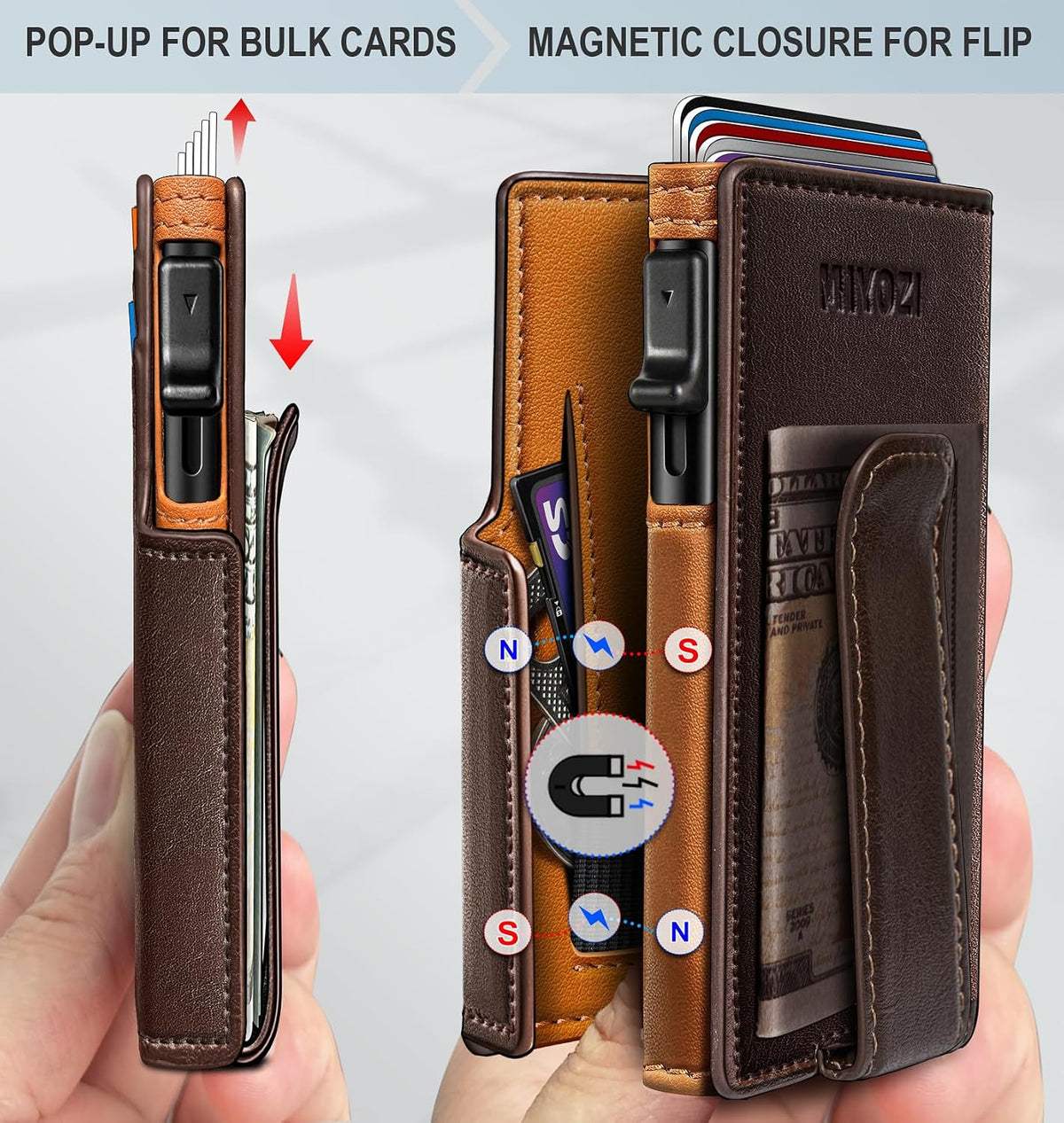 miyozi Wallet for Men, Magnetic Minimalist Slim Wallet with Pop Up Card Holder, 9 Cards RFID Blocking Metal Credit Card Case, Leather Wrapped Money Clip, ID Window & Small Item Slot, Gift Boxed