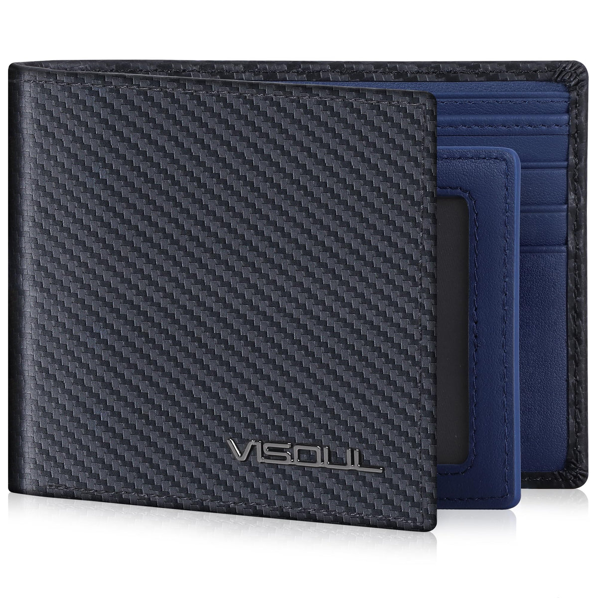 VISOUL Mens Wallet Bifold RFID Protected with 2 ID Windows 8 Credit Card Slots 2 Cash Compartments, Carbon Fiber Leather Wallet for Men Gift Box (Black+Burgundy)