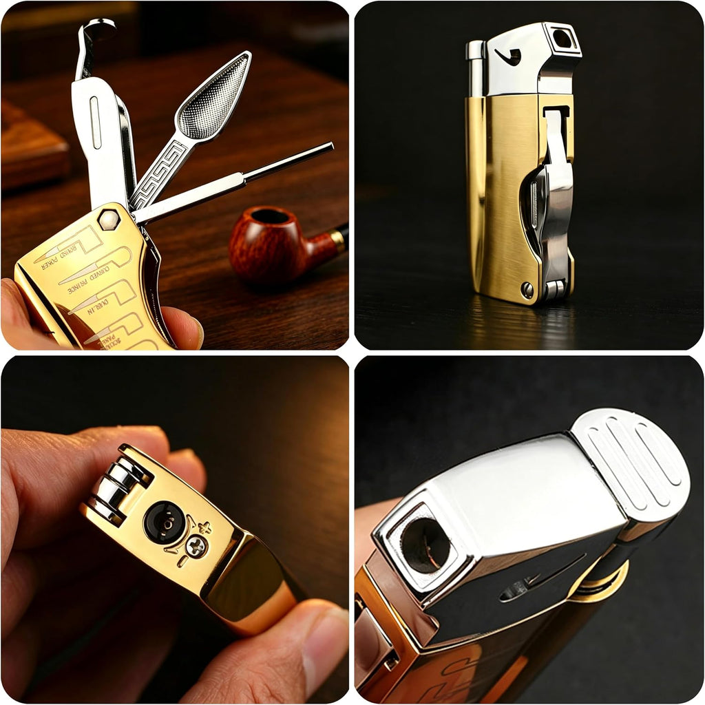 Soft Flame Butane Lighter with Built-in 3-in-1 P-ipe Tool Cleaner, Unique Refillable P-ipe Lighter, Angled Gas Window, Unique Gifts for Men, Birthday, Father’s Day, Valentine’s Day (Gold, No Fuel)