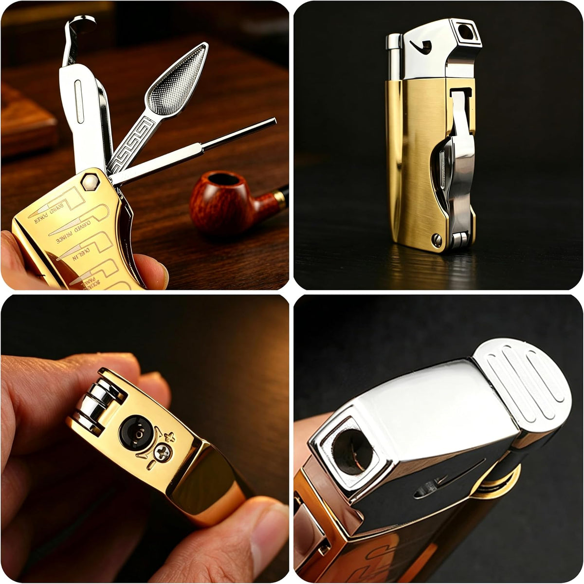 Soft Flame Butane Lighter with Built-in 3-in-1 P-ipe Tool Cleaner, Unique Refillable P-ipe Lighter, Angled Gas Window, Unique Gifts for Men, Birthday, Father’s Day, Valentine’s Day (Gold, No Fuel)