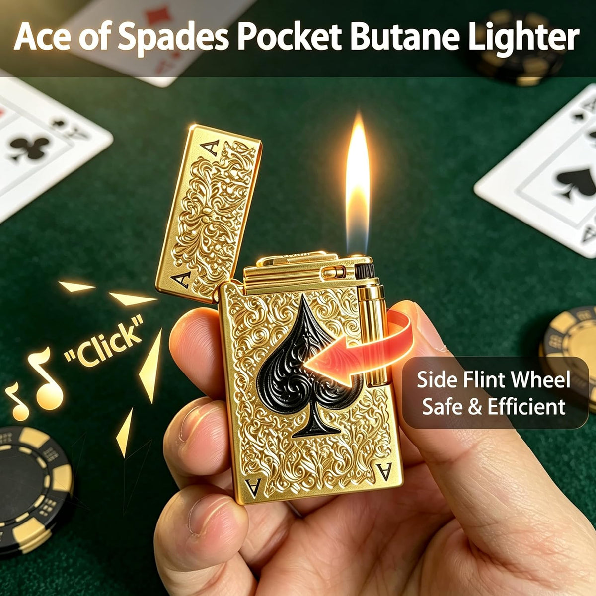 Ace of Spades Pocket Butane Lighter, Unique Soft Flame Refillable Lighter, Side-Wheel Frosted Flip-Top Metal Lighters, Angled Flame, Birthday for Men (Gold, No Fuel)