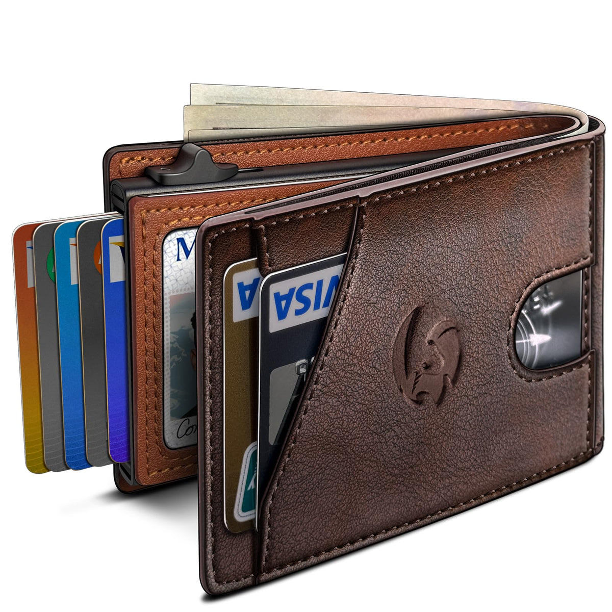 Wallet for Men, Slim Pop Up Card Holder with RFID Blocking, Minimalist Bifold Wallet with 9 Card Slots, ID Window and Cash Pocket, Metal Flip Case with Magnetic Closure, Gift Box