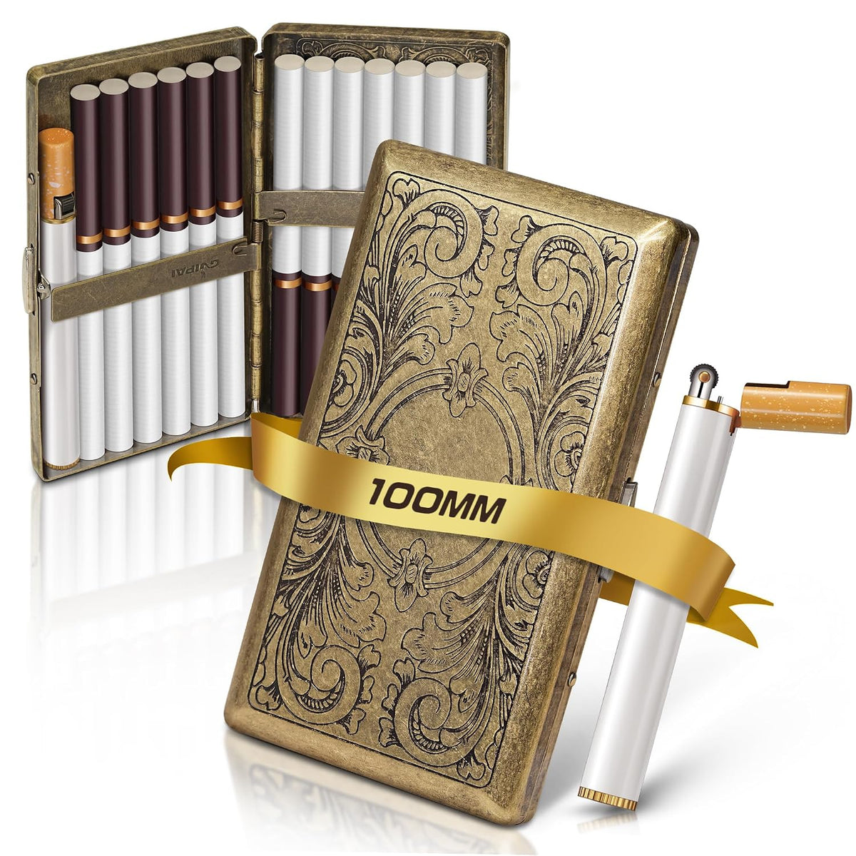 X-LIGHTER Vintage Cigarette Case with Lighter for 100's, Smell Proof, Retro Metal Cigarette Cases Holder 100s King Size, Funny Smoking Set for Women Men, Christmas Gift (No Gas)