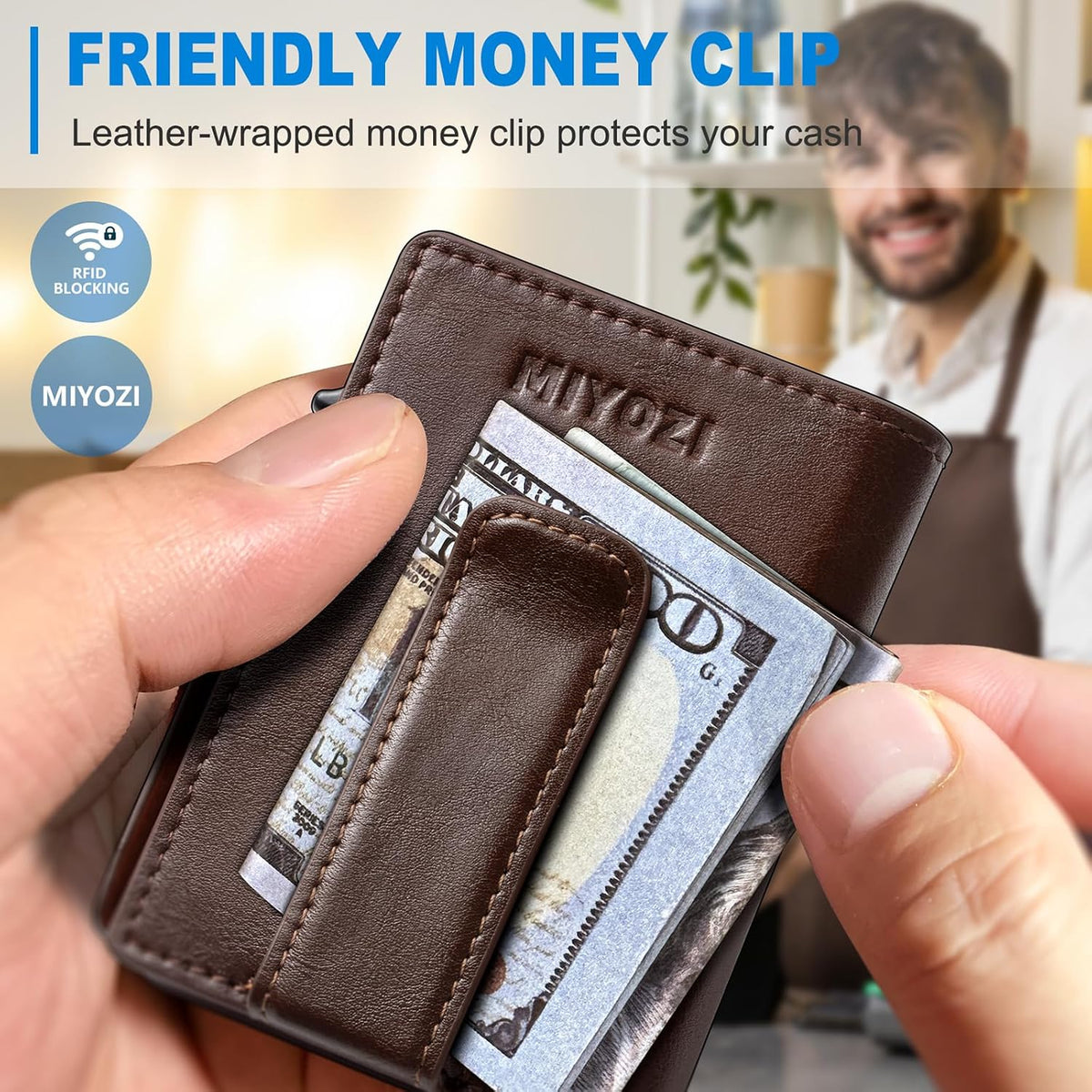 miyozi Wallet for Men, Magnetic Minimalist Slim Wallet with Pop Up Card Holder, 9 Cards RFID Blocking Metal Credit Card Case, Leather Wrapped Money Clip, ID Window & Small Item Slot, Gift Boxed