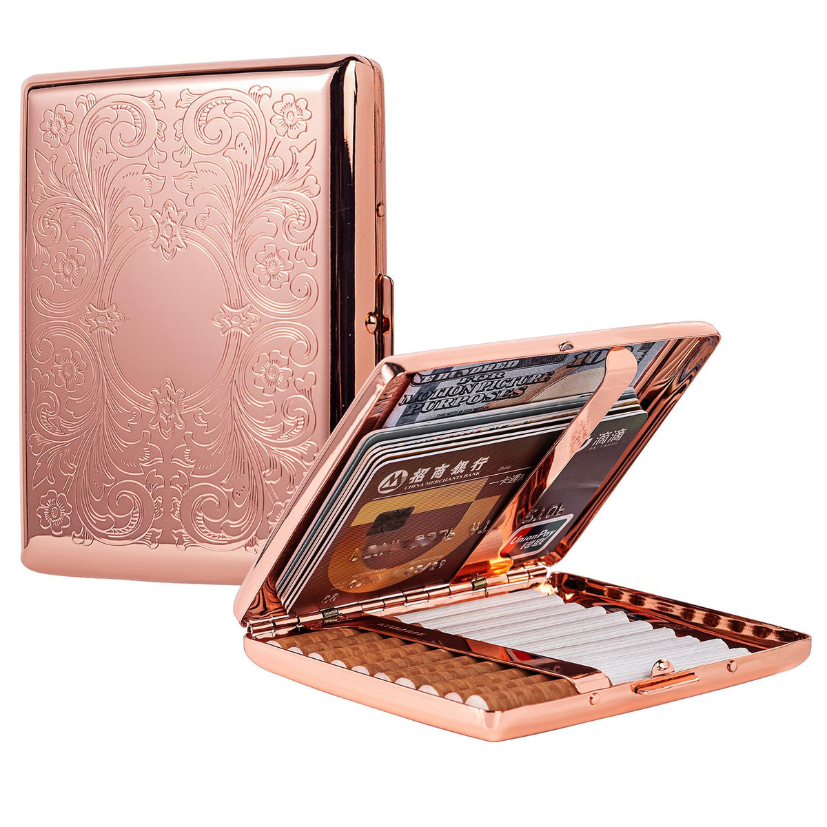 Metal Carry Cigarette Case, Double Sided Spring Clip,Holds 10 100mm Cigarettes (Vines Silver)