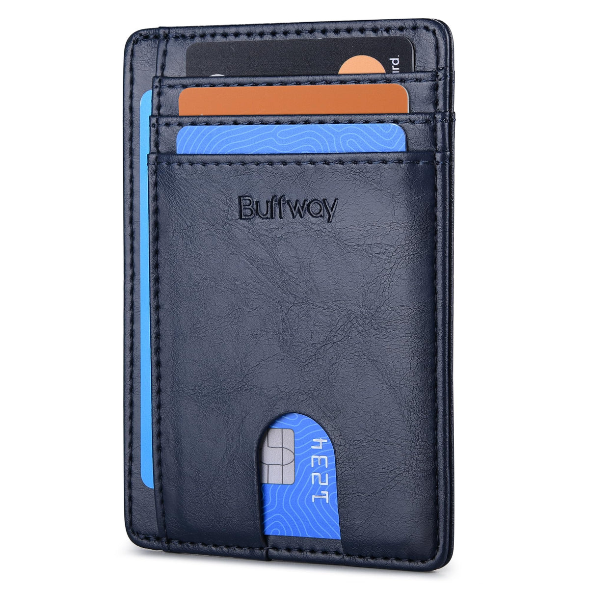 Buffway Slim Minimalist Front Pocket RFID Blocking Leather Wallets for Men and Women - Carbon Fiber Black