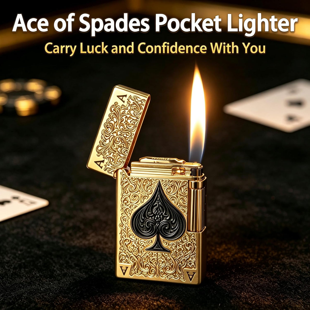 Ace of Spades Pocket Butane Lighter, Unique Soft Flame Refillable Lighter, Side-Wheel Frosted Flip-Top Metal Lighters, Angled Flame, Birthday for Men (Gold, No Fuel)