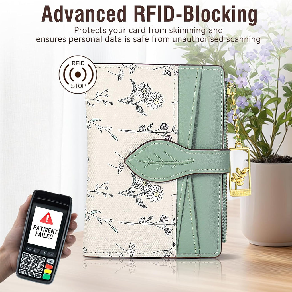 Wallets for Women- RFID Blocking- Soft PU Leather Bifold Coin Zipper Pocket Purse-Small flower wallet Credit Card Holder with ID Window (Green)