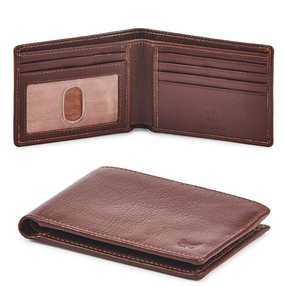 Real Leather Mens Bifold Wallet RFID Blocking Slim Minimalist Front Pocket - Thin & Stylish with ID Window in Gift Box (Crazy Horse, Coffee)