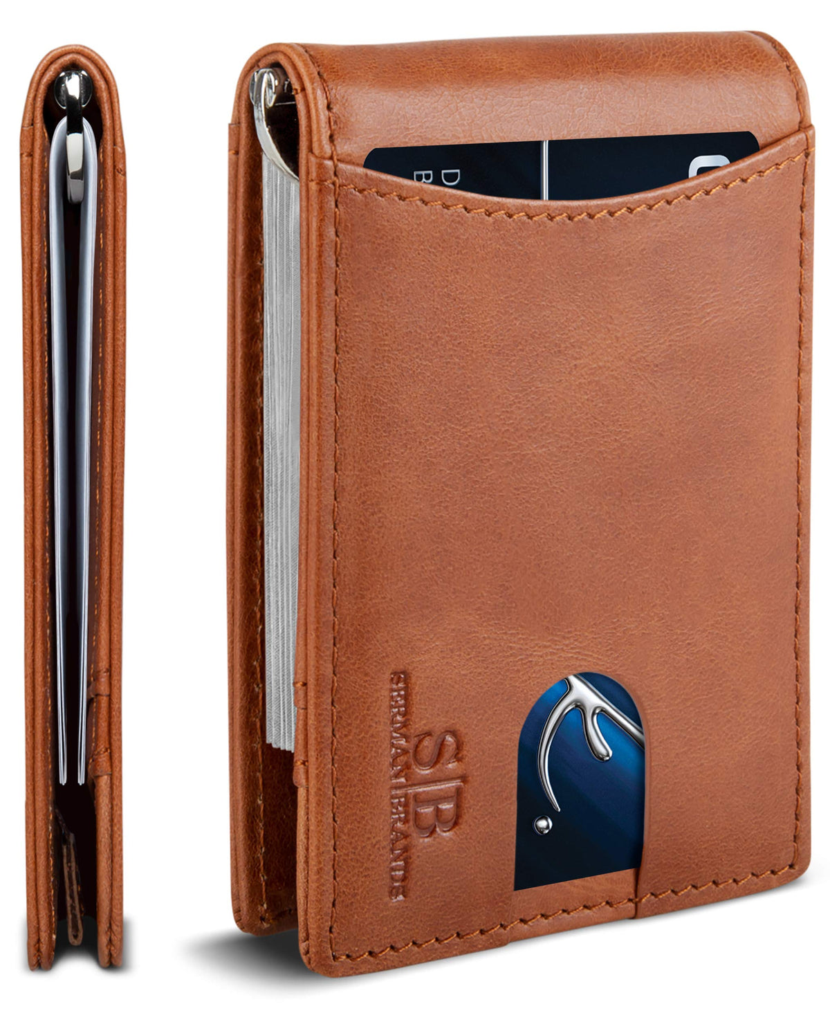SERMAN BRANDS RFID Blocking Slim Bifold Genuine Leather Minimalist Front Pocket Wallets for Men with Money Clip Thin Gift