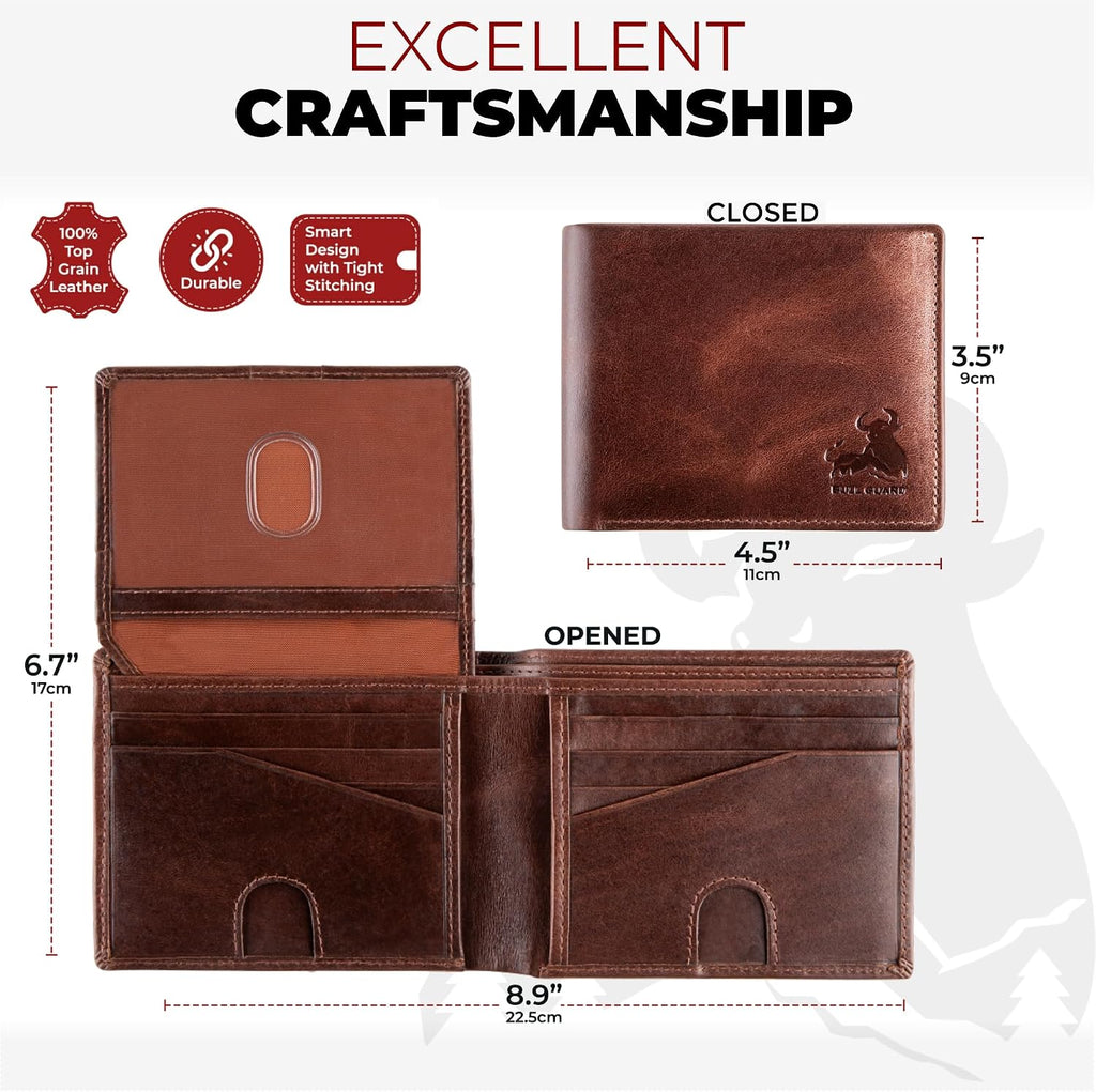BULL GUARD RFID Blocking Bifold Mens Wallet Premium Top Grain Leather Brown Extra Capacity Wallet for Men Genuine Leather Western Brown, 11+ Cards, Flip Up ID Window, Gift For Men in Nice Gift Box