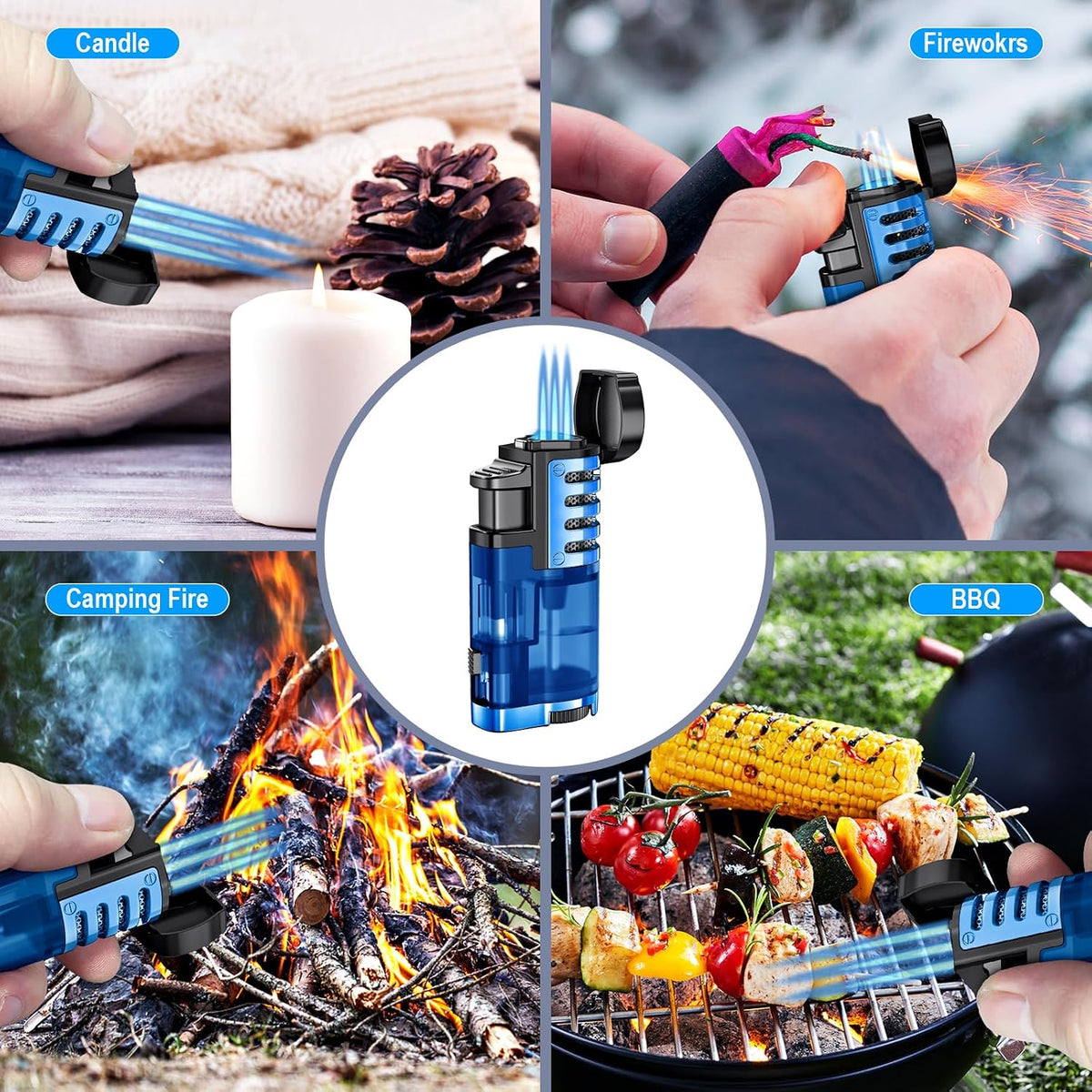 Torch Lighter Butane Refillable Triple Jet Flame Torch Lighters, Windproof Adjustable Flame Butane Torch Lighter with Punch 2 Pack (Without Fuel) (Blue)