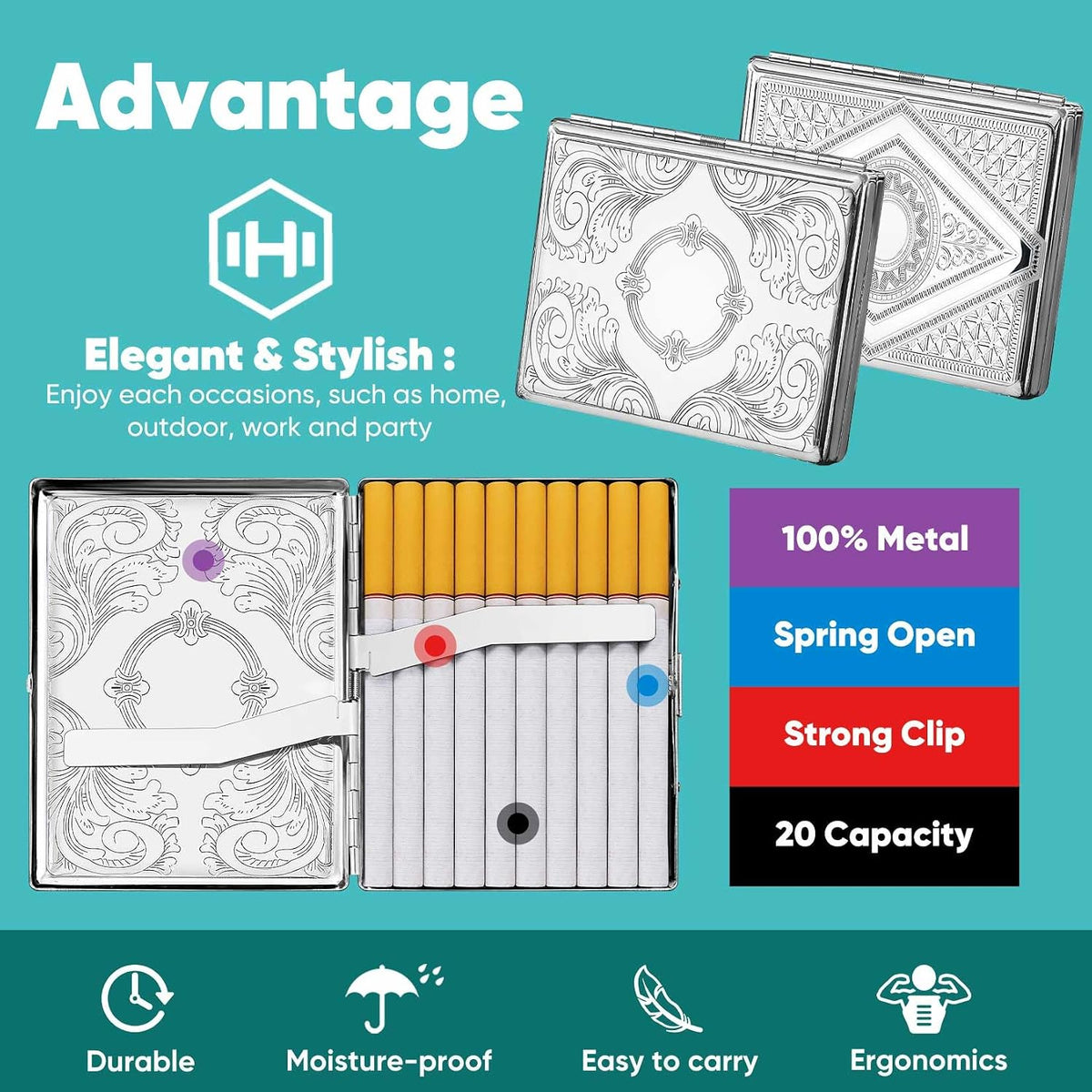HiKeep Cigarette Case (2 Pack), Metal Cigarette Holder Case, Retro Outdoor