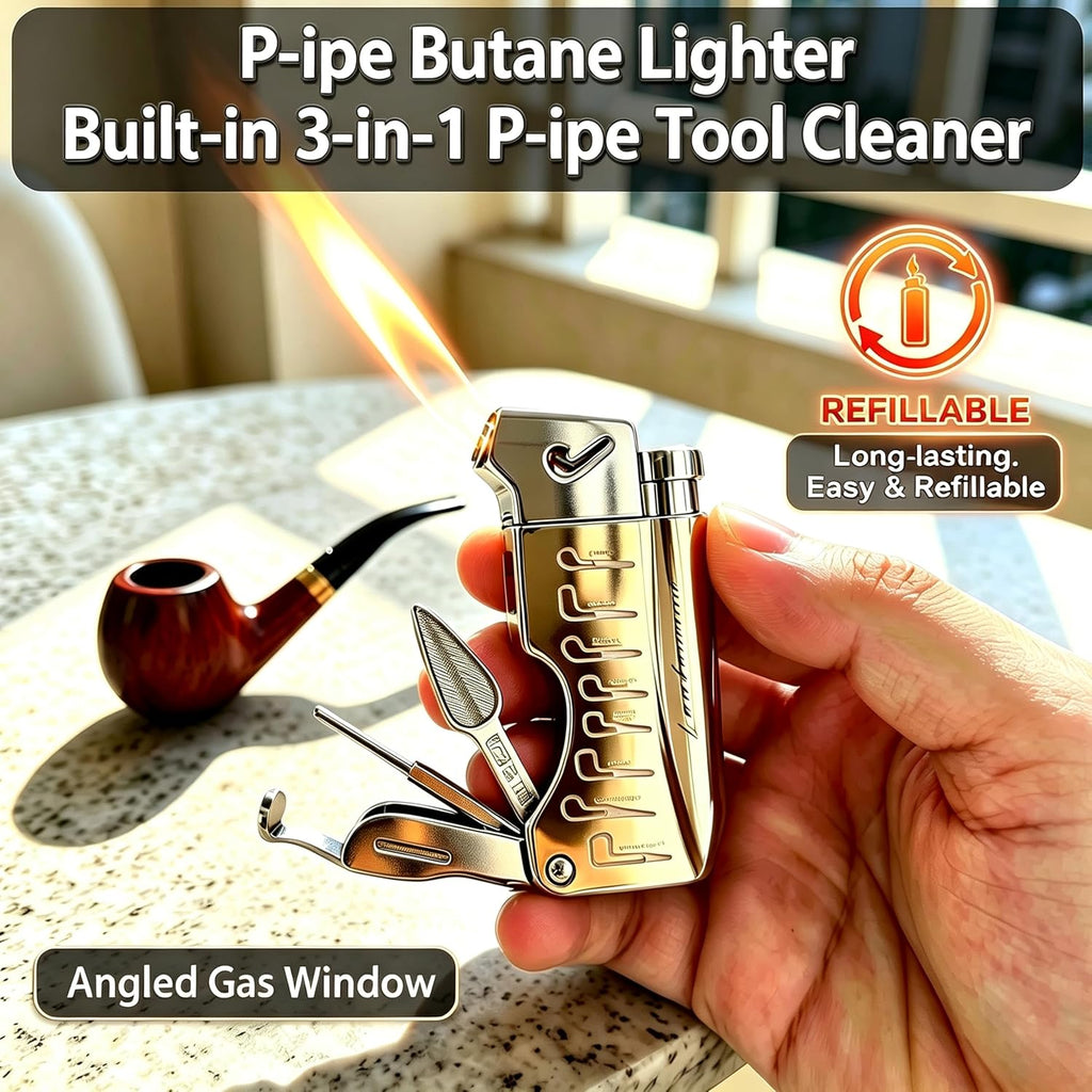 Soft Flame Butane Lighter with Built-in 3-in-1 P-ipe Tool Cleaner, Unique Refillable P-ipe Lighter, Angled Gas Window, Unique Gifts for Men, Birthday, Father’s Day, Valentine’s Day (Gold, No Fuel)